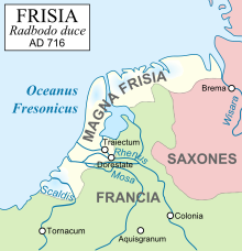 Map showing roughly the distribution of Franks and Frisians c. 716 Frisia 716-la.svg
