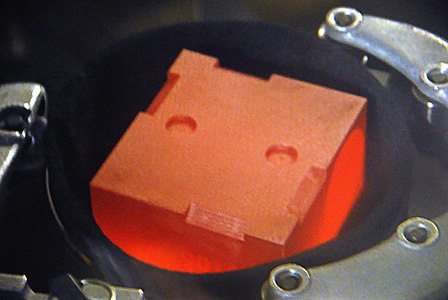 Red-hot shell containing plutonium undergoing nuclear decay, inside the Mars Science Laboratory MMRTG.[27] MSL was launched in 2011 and landed on Mars in August 2012.