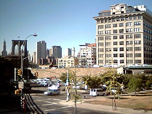 View of Dumbo, with the Brooklyn Bridge and the island of Manhattan in the background