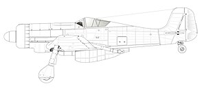 Seitenansicht der Fw 190 V18/U1 mit Hirth-Abgasturbolader, dessen großer Luftwiderstand die zusätzliche Motorleistung in großen Höhen praktisch unwirksam machte.