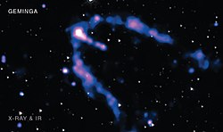 Geminga Chandra- ja Spitzer-teleskooppien kuvaamana röntgen- ja infrapunataajuuksilla.