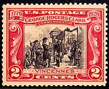 1929 American postage stamp designed by Frederick Coffay Yohn commemorating the 150th anniversary of the siege. George Rogers Clark-1929 Issue-2c.jpg