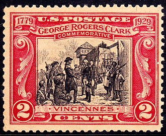 Timbre commémoratif de l'United States Postal Service commémorant le général George Rogers Clark lors du siège du Fort Vincennes en 1779.