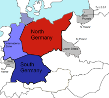 Plan Morgenthau:      Estáu d'Alemaña del norte      Estáu d'Alemaña del sur      Zona internacional      Territoriu perdíu d'Alemaña (Sarre a Francia, Alta Silesia a Polonia, Prusia Oriental, estremada ente Polonia y la Xunión Soviética)