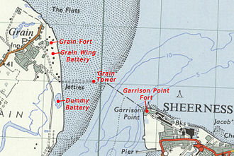 Map of the fortifications at the entrance to the Medway Grain-Garrison Point forts OS 7th Series map.jpg