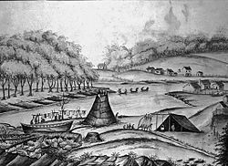 A sketch of Grand Rapids in 1831. The collection of houses across the river on its west side is the Baptist mission. The three buildings in the middle right are Louis Campau's trading post. Grand Rapids 1831.jpg