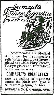 A 1907 cigarette advertisement promoting supposed medicinal benefits of smoking, as was common at the time (these, however, are cannabis cigarettes) Grimaults cigarette ad.jpg