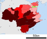 Growth rate map of municipalities of Tokushima prefecture, Japan