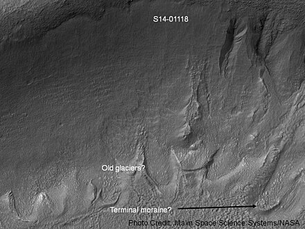 Ravines dans le cratère du quadrangle d'Eridania au nord du cratère Kepler. Des formations qui pourraient être les restes d'un ancien glacier sont apparentes. À droite, la formation ressemble à une langue glaciaire.