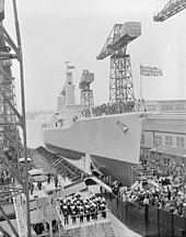 No 5 Slip in 1967: the launch of HMS Andromeda the last ship to be built in Portsmouth's Dockyard. HMS Andromeda, 1967 (2) (IWM).jpg