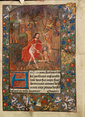 Harrowing of hell Christ leads Adam by the hand. On scroll in border, the motto 'Entre tenir Dieu le viuelle'