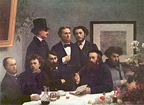 テーブルの片隅（1872年）前列左よりヴェルレーヌ、ランボー、L・ヴァラード、E・デルヴィリィ、C・ペルタン、後列左よりP・エルゼアル・ボニエ、E・ブレモン、J・エカール