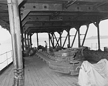 A view of the underside of Hōshō's narrow flight deck looking from the forecastle forward, October 1945