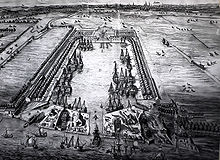 View of the Howland Great Wet Dock in 1717 looking west across the Rotherhithe peninsula Howland Great Wet Dock 1717.jpg