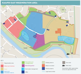 Early plan for Norman Kirk Park outlined in 'Waimakariri Residential Red Zone Recovery Plan/He Mahere Whakarauora i teWhenua Rahui o Waimakariri' in December 2016 Initial proposal by the Greater Christchurch Group for the Kaiapoi East Regeneration Area.png