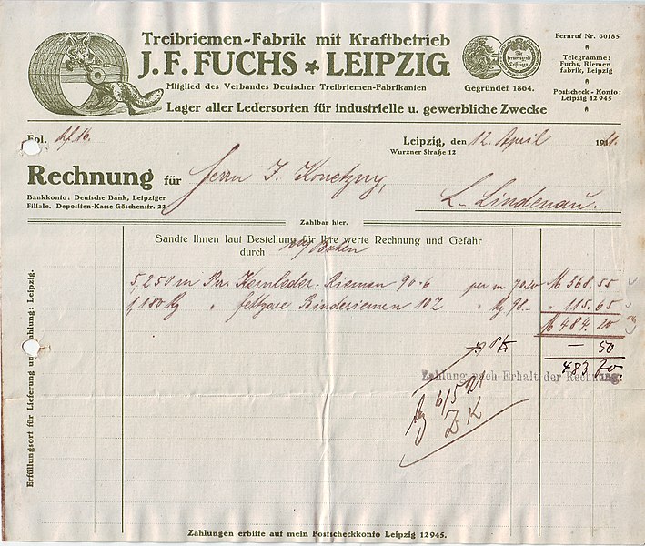 File:J. F. Fuchs, Treibriemen-Fabrik mit Kraftbetrieb, Leipzig, Rechnung vom 12. April 1921.jpg