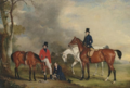 James Ogilvie Fairlie with his grooms and the three principal steeplechasers in his stables. The painting was executed by John E. Ferneley, circa 1840 date QS:P,+1840-00-00T00:00:00Z/9,P1480,Q5727902 .