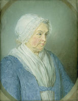 Portrait of Sara Hinloopen (1689-1775) March 1763. pastel on parchment medium QS:P186,Q189085;P186,Q226697,P518,Q861259 . 58.5 × 45.5 cm (23 × 17.9 in). Amsterdam, Rijksmuseum Amsterdam.