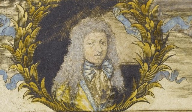 Kuhnau's portrait, from a hand-colored 1689 edition of his Neue Clavier-Übung, erster Theil