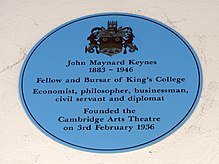 John Maynard Keynes plaque at Cambridge Arts Theatre coining him a economist, philosopher, businessman and civil servant