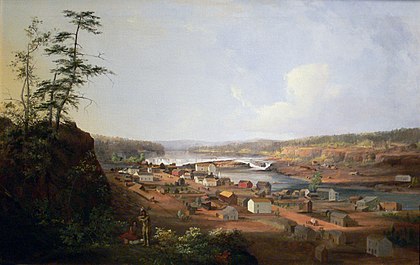 A painting of Oregon City, c. 1850–52, by John Mix Stanley