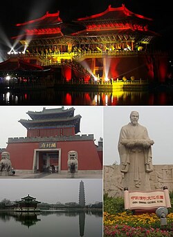 Top:View of night in Xuande Palace at Millennium City Park, Bottom upper left:Gate Tower and Kaifeng Government Hall, Bottom lower left:Iron Pagoda and Tieta Lake, Bottom right:Statue of Zhang Zeduan in Kaifeng Millennium City Park