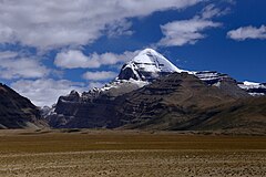 Mount Kailash (viewed from the south) is holy to Hinduism and several religions in Tibet. Kailash-Barkha.jpg