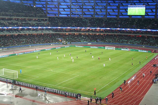 Qarabağ playing against Roma at Baku Olympic Stadium during the 2017–18 UEFA Champions League.