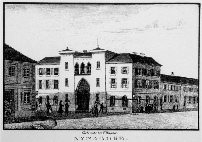 Early image of Karlsruhe synagogue showing Egyptian style pylons Karlsruhe Synagoge 1810.jpg