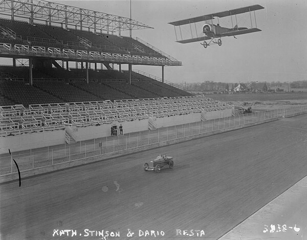 Aviatrix Katherine Stinson racing the 1916 Indy 500 champion Dario Resta