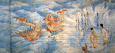 Scène où les propos des personnages sont calligraphiés directement dans la peinture, au-dessus d'eux. Kegon engi emaki, XIIIe.