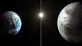 Vues d'artiste de Kepler-452 b et son étoile, à droite, et de la Terre et du Soleil, à gauche, montrant à l'échelle la dimension de Kepler-452 b par rapport à celle de la Terre et la taille de leurs étoiles respectives telles que vues depuis chacune de ces planètes.