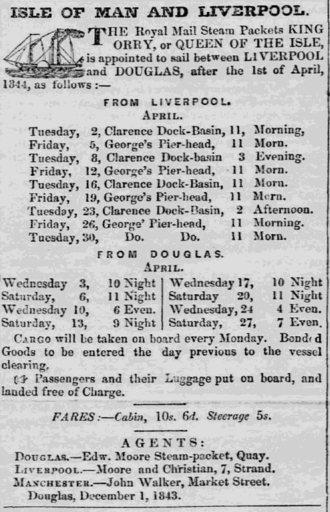 Advertisement of passage between Douglas and Liverpool on board the King Orry and Queen of the Isle. King Orry passage to Douglas..png