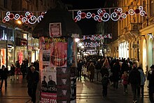 Knez Mihailova pedestrian zone at night with New Year decoration in Belgrade, Serbia Knez Mihailova at night.jpg