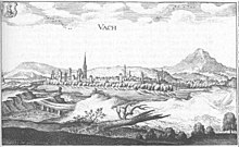 Kupferstich von Vacha im Jahr 1655 (Matthäus Merian der Jüngere), rechts ist der Öchsenberg wiedergegeben