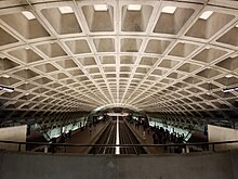 L'Enfant Plaza station, one of the four major transfer points in the and one of the largest and busiest stations in the Washington Metro system which serves every line except the Red Line L'Enfant Plaza station from north mezzanine, March 2019.jpg