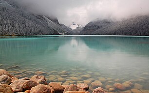 Lake Louise from eastern shoreline, facing west.