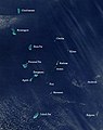 تصویر ماهواره‌ای نشان‌دهنده آب‌سنگ مرجانی لاکشادویپ به جز مینیکوی