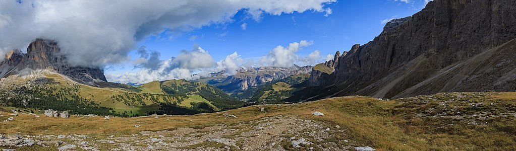 View from the Sella Pass on the Langkofel, the Puez Group, and the Sella group South Tyrol