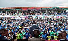 Governor Godwin addresses a crowd of Nigerian teachers.