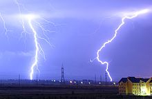 In a typical lightning strike, 500 megajoules of electric potential energy is converted into the same amount of energy in other forms, mostly light energy, sound energy and thermal energy. Lightning over Oradea Romania zoom.jpg