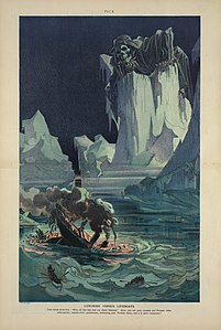 "Luxos versus botes salva-vidas", sobre o naufrágio do Titanic. Ilustração de 1912.