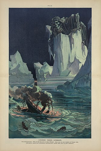 «Роскошь против спасательных шлюпок». Карикатура в журнале Puck, посвящённая гибели «Титаника»