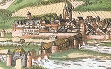 Stadtansicht von Münden mit Alter Werrabrücke und links das Welfenschloss (1610)