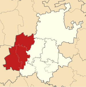 A map of Gauteng, showing the West Rand District Municipality. Map of Gauteng with West Rand highlighted.svg