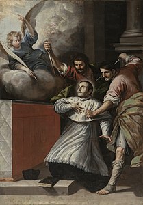 Martirio de San Pedro Arbués, del círculo de Antonio del Castillo (Museo de Bellas Artes de Córdoba).jpg