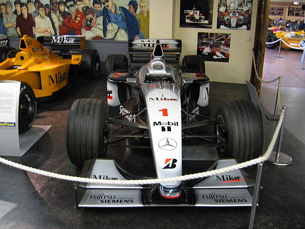 McLaren MP4/14 on display at the Donington Collection. The car carries chassis number 4 and is in the state it crossed the line to win both the 1999 J