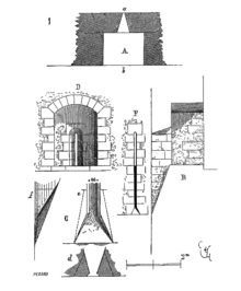 An arrowslit at Cite de Carcassonne. The wall thickness is reduced to 0.7 m to accommodate the niche and the embrasure widens at an angle of 35deg. Meurtriere.Carcassonne.2.png