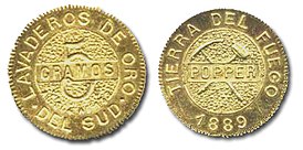 5-граммовая золотая монета 1889 года с Огненной Земли, выпущенная Жульюсом Поппером