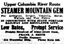 Advertisement for steamboat service by Mountain Gem, on the upper Columbia River. Placed in the Morning Oregonian on April 9, 1906. Mountain Gem ad 04091906 MO.jpg